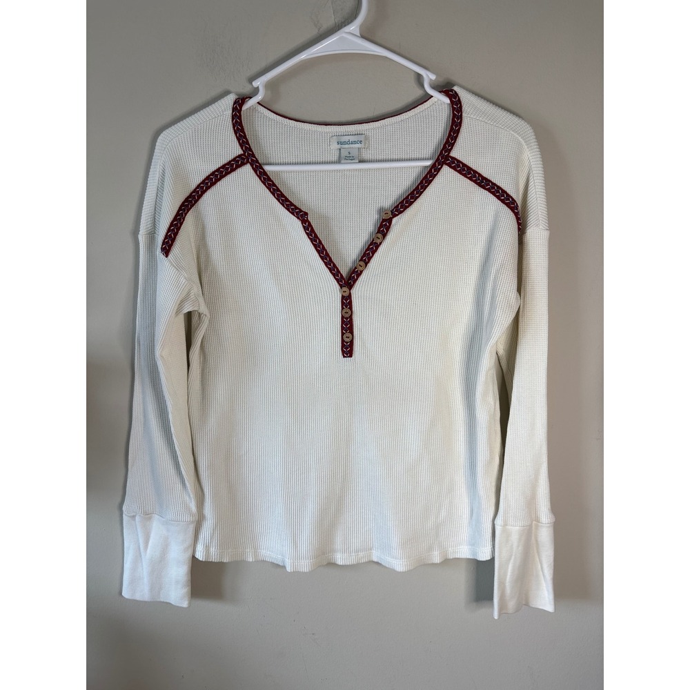 Sundance Women Cream Waffle Knit Henley Top Embroidered Trim Cotton Small - Picture 2 of 6